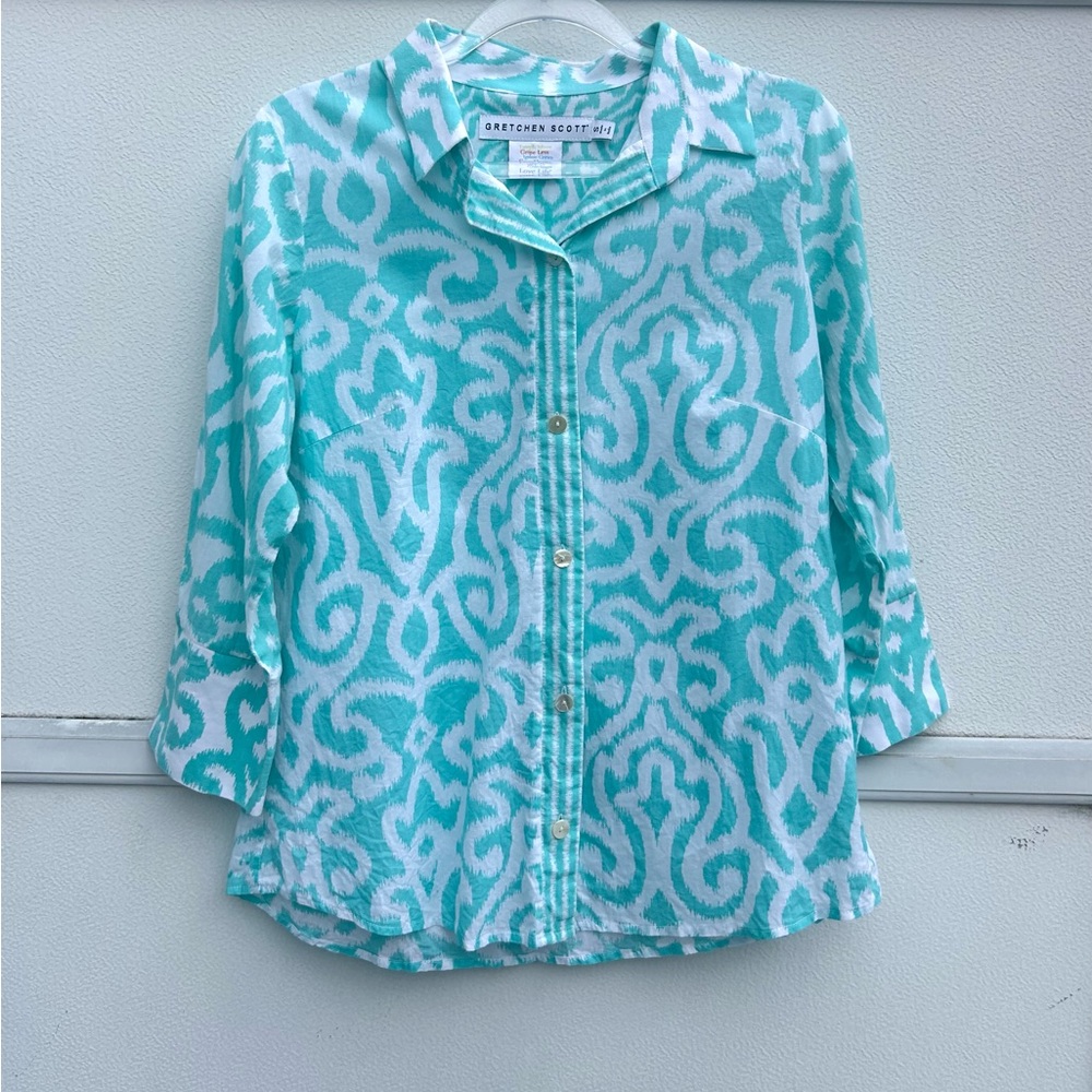 Gretchen Scott Top Women S Blue Button Up Everywhere Arabesque 100% Cotton Shirt - Picture 2 of 13